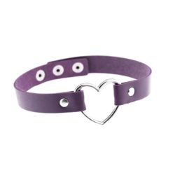 Leather Heart Choker Collar Purple